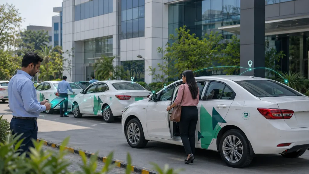 RouteMatic employee transport fleet using AI-powered route monitoring outside a corporate office