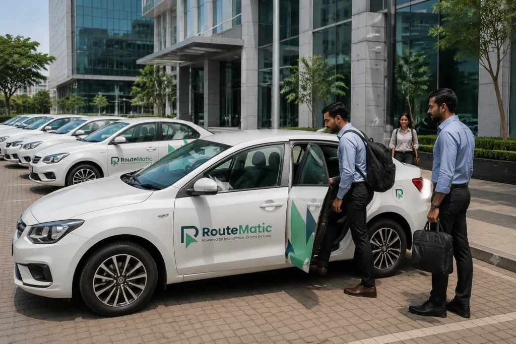 Routematic employee transport management system with corporate fleet cars for employee commute