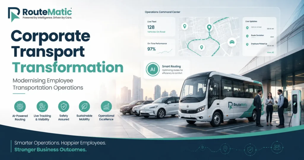 Corporate transport transformation with AI-powered routing, live fleet tracking, employee transport vehicles, and EV mobility by Routematic.