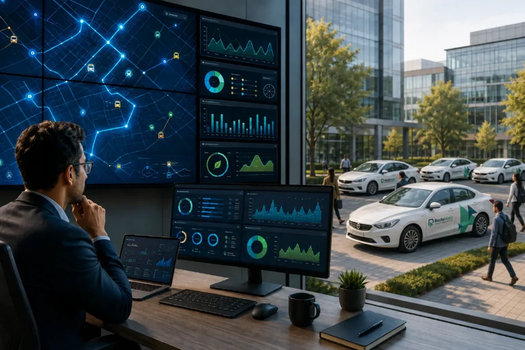 RouteMatic corporate transportation analytics dashboard showing smart route monitoring and fleet management