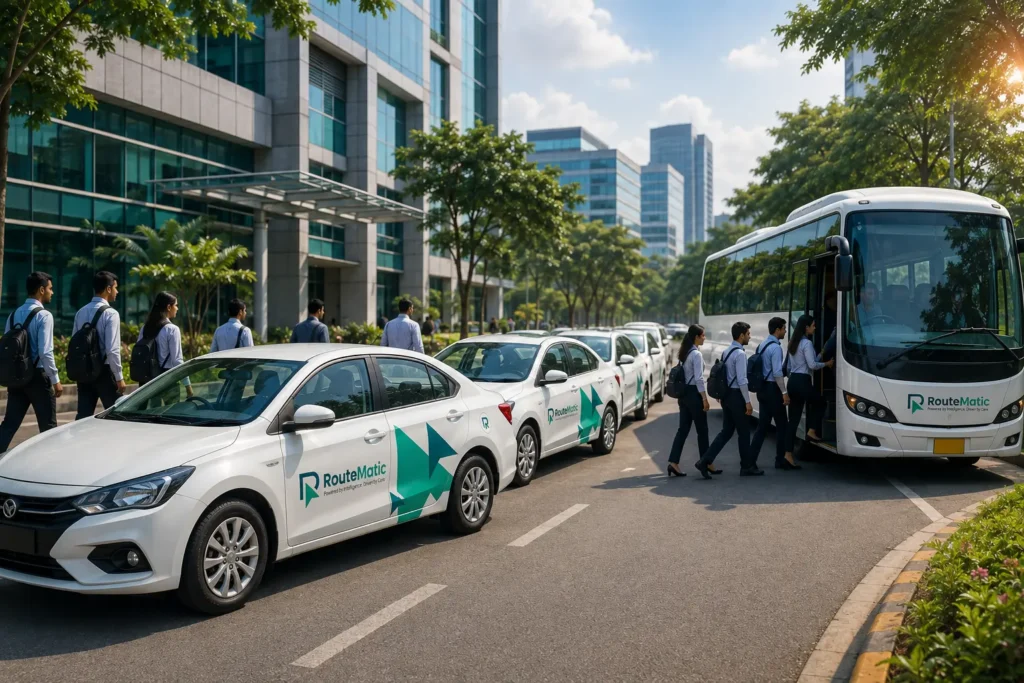 Routematic corporate transportation vehicles transporting employees