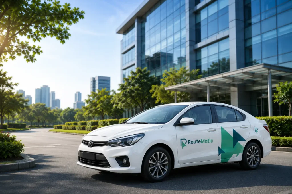 RouteMatic car outside a modern corporate office for employee transportation management