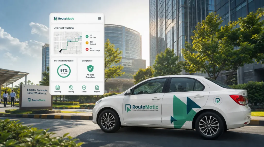 RouteMatic car supporting AI-driven employee commute management and corporate transportation