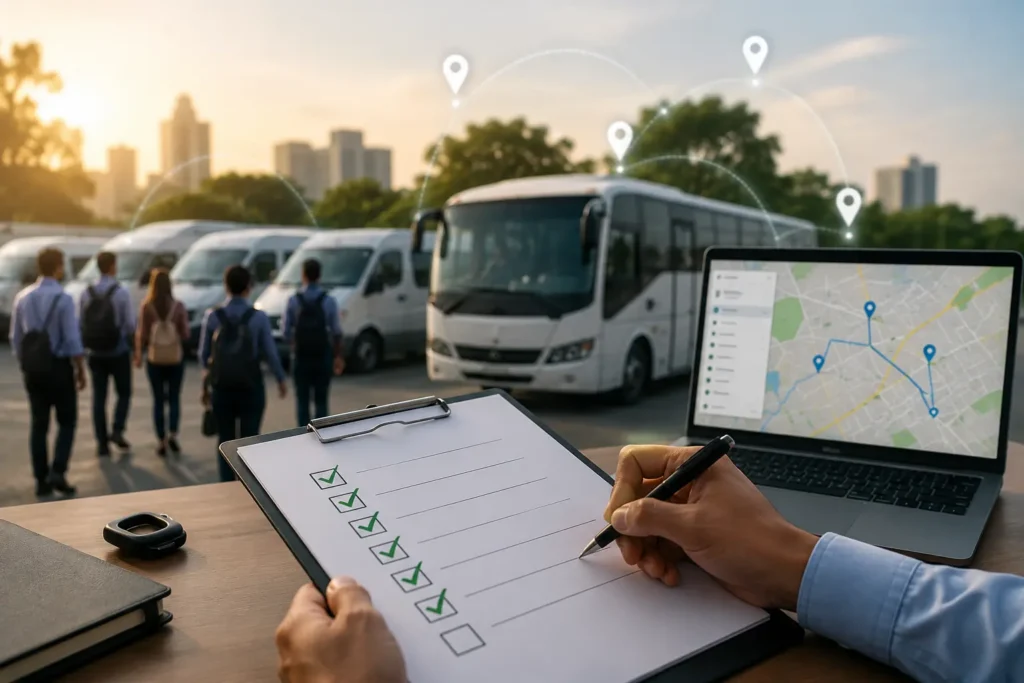 Employee transport manager reviewing a checklist with fleet vehicles and GPS route tracking in the background.