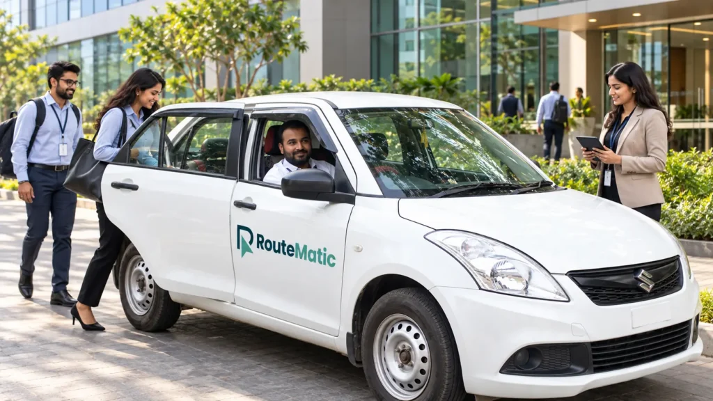 Routematic employee transport car with corporate employees boarding outside an office while a transport coordinator manages operations using a tablet.