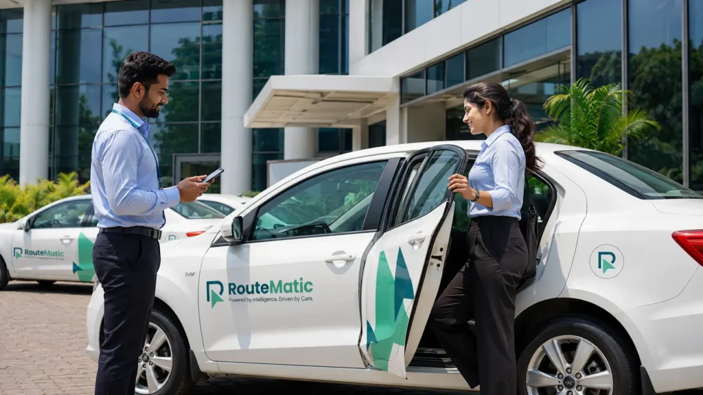 Employees using a Routematic vehicle managed through an employee transport management system