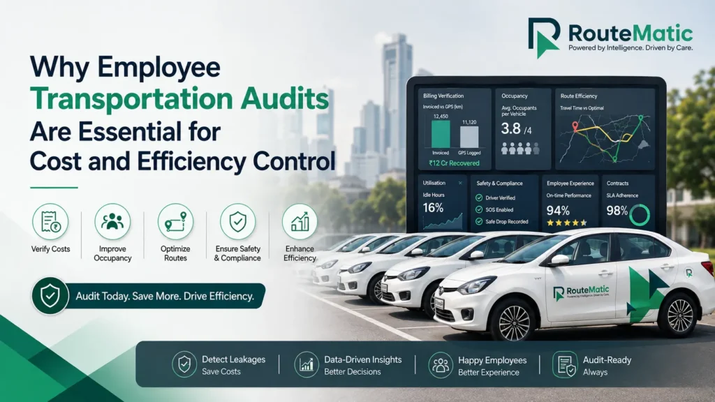 RouteMatic employee transportation audit showing billing verification, occupancy, route efficiency, safety, and compliance