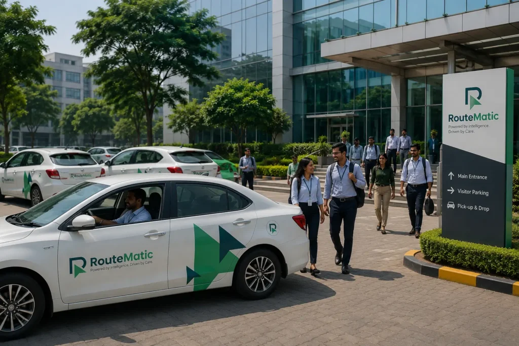 RouteMatic fleet cars supporting employee transportation optimization at a corporate office