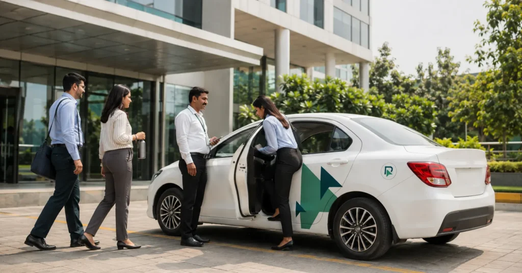 RouteMatic employee transportation service with corporate employees boarding a branded office cab