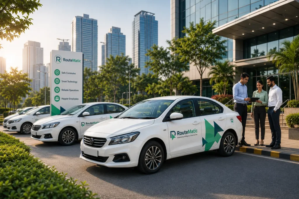 RouteMatic branded employee transport cars parked outside a modern corporate office, representing safe, compliant, and technology-driven employee transportation in India.