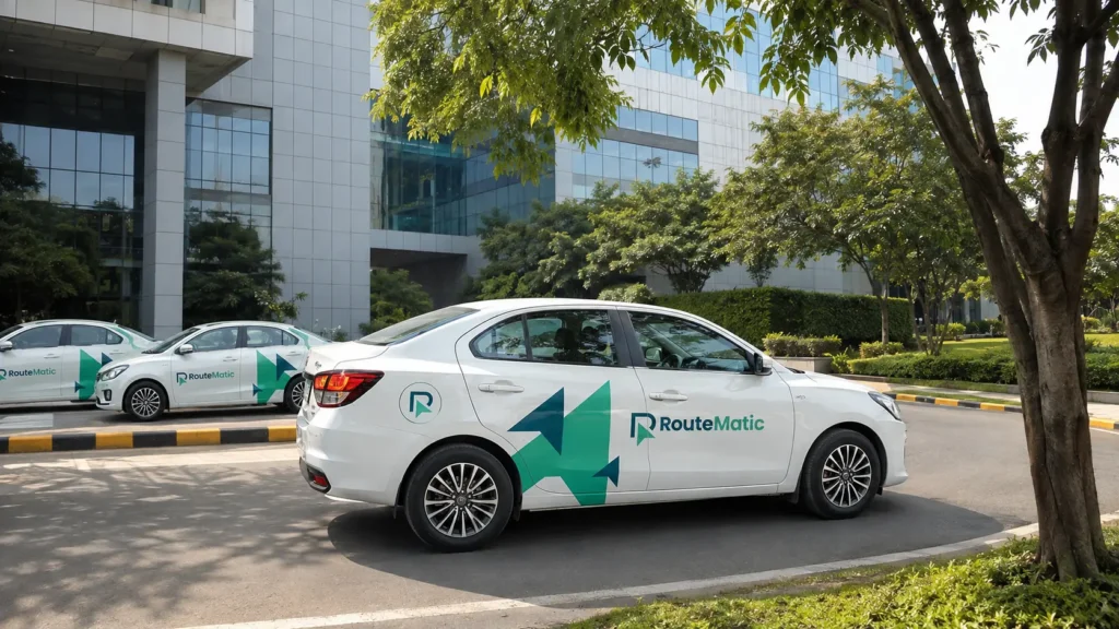 RouteMatic employee transportation cars outside a corporate office