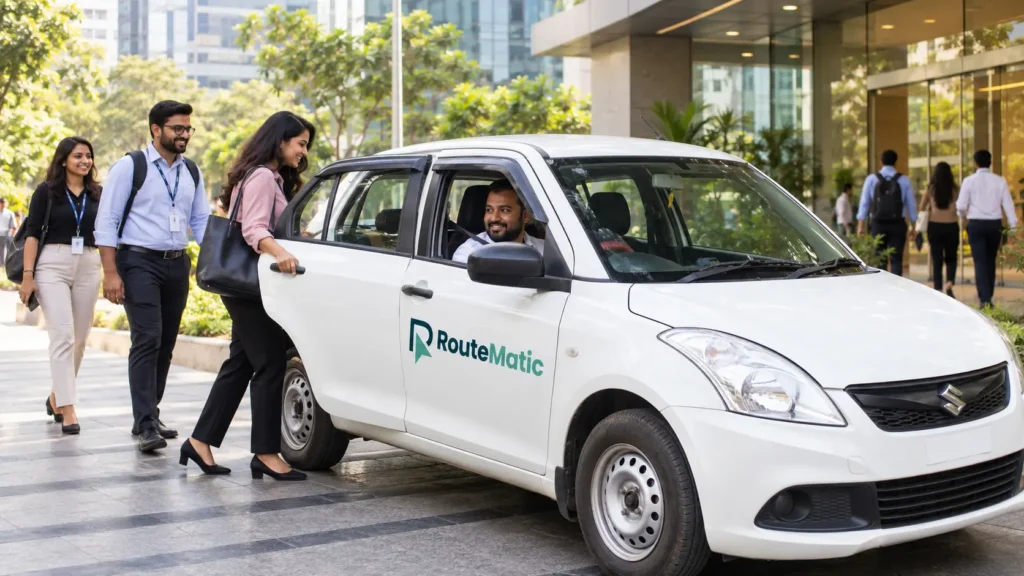 Routematic employee transportation car with corporate employees boarding at an office campus for their daily commute.