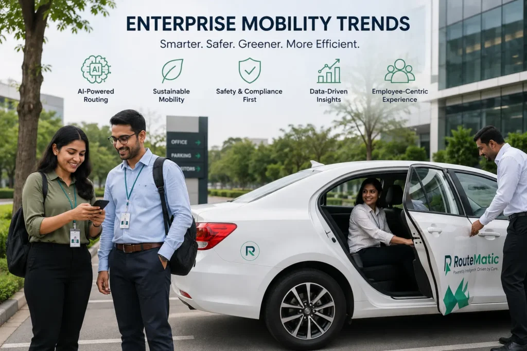 Employees using a Routematic corporate transport vehicle with AI, safety, sustainability, and mobility trend icons