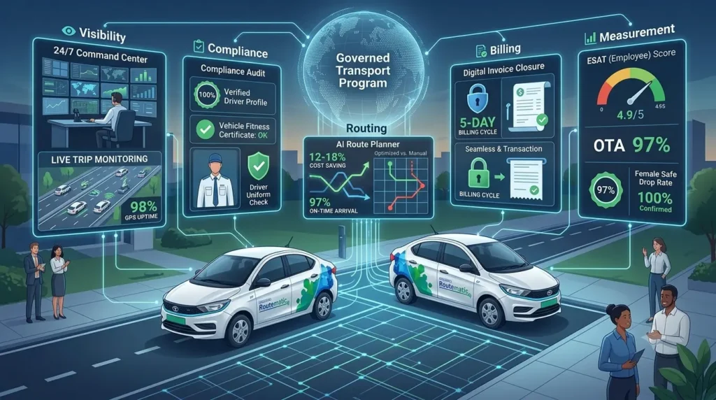 An illustration of two branded Routematic corporate electric cars on a digital grid street, with glowing dashboard panels showing key transport metrics: Visibility (24/7 Command Center), Compliance (Verified Drivers), Routing (AI Route Planner with 12-18% cost savings), Billing (5-Day Cycle), and Measurement (97% OTA and 4.9/5 ESAT).