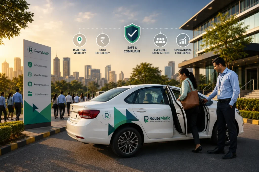 A RouteMatic employee transport car with a professional assisting an employee outside a modern corporate office, representing high-quality corporate transportation services.
