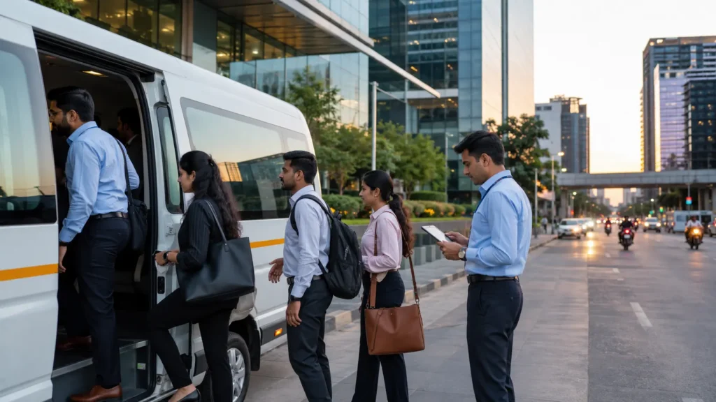 Managing employee transport in metro cities with corporate professionals boarding an office shuttle