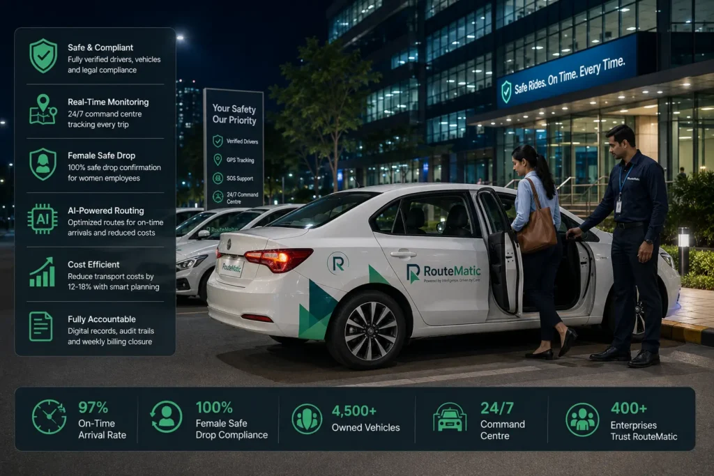 A RouteMatic-branded employee transport car picking up a female employee outside a modern office at night, showcasing safe and compliant night shift transportation.
