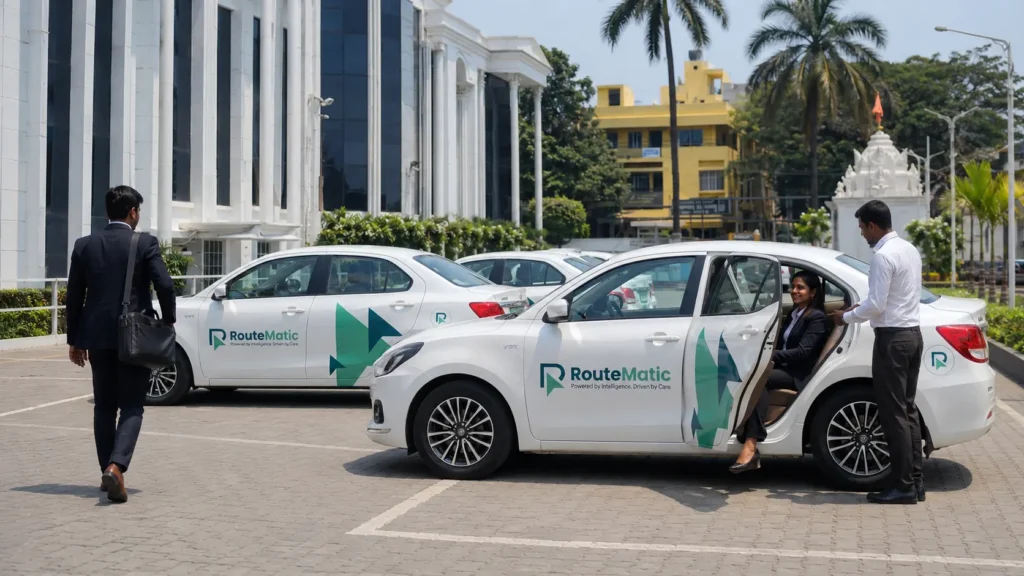 Employees using Routematic corporate transport cars outside an office building.