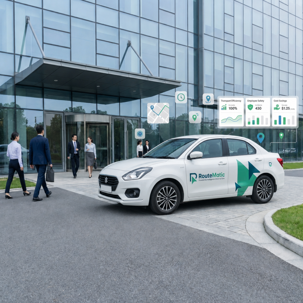 RouteMatic branded corporate employee transportation car parked outside a modern office building with AI-powered fleet management and employee commute analytics.