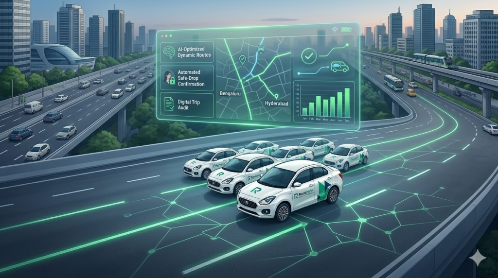 A fleet of white RouteMatic corporate cabs driving on a modern multi-lane metro highway with glowing green digital routing lines overlaying the road, set against a backdrop of city skyscrapers and a clean UI dashboard showing route optimization.