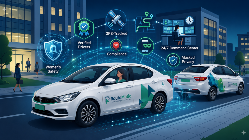 Illustration of RouteMatic's AI-powered employee transportation system featuring branded corporate fleet vehicles, women's safety, GPS tracking, verified drivers, compliance monitoring, masked privacy, and a 24/7 command center for secure office commutes.