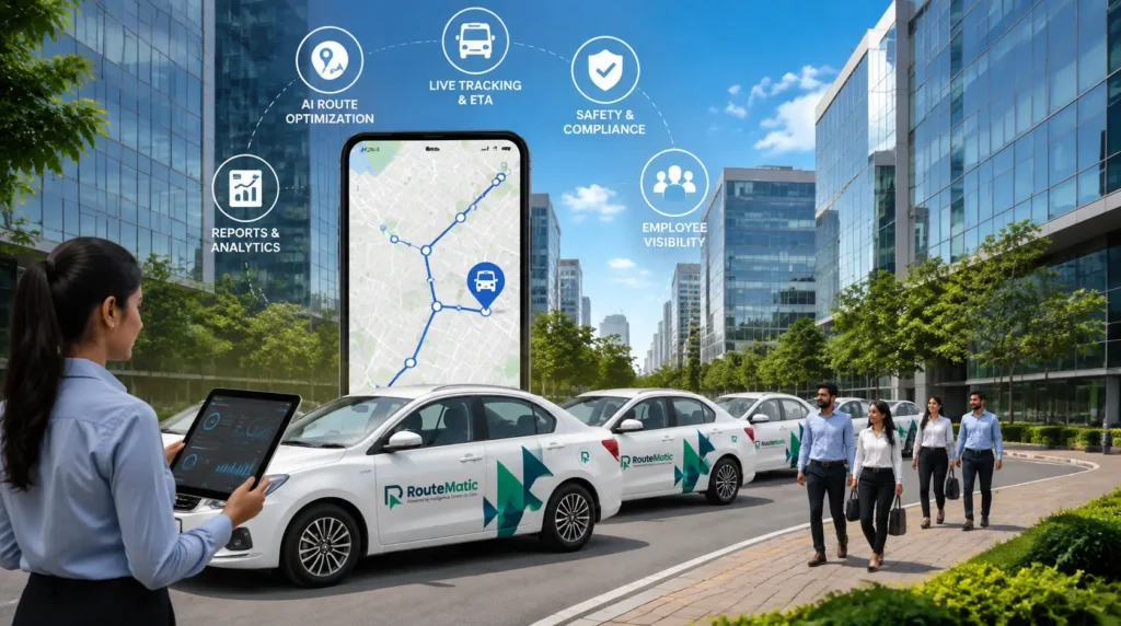 RouteMatic smart employee transport management solution with branded cars, GPS tracking, AI route optimization, live ETA, safety compliance, and fleet analytics