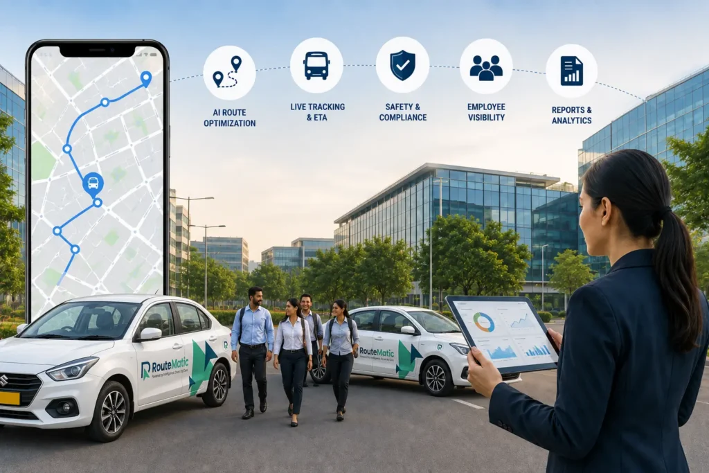 RouteMatic smart fleet management solution with branded cars, employee transport tracking, AI route optimization, live ETA, safety compliance, and analytics dashboard