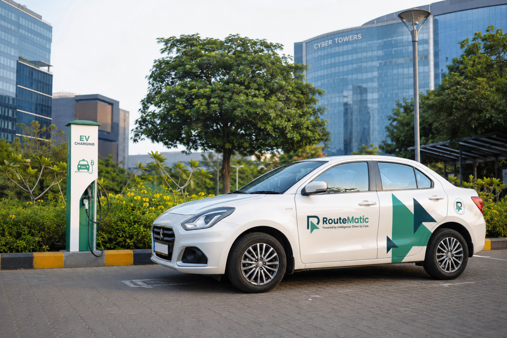 RouteMatic electric vehicle for sustainable corporate employee transportation in Hyderabad