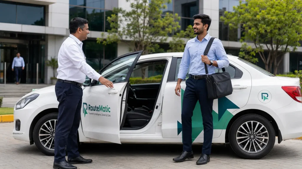 Routematic driver assisting an employee beside a corporate transport car in India