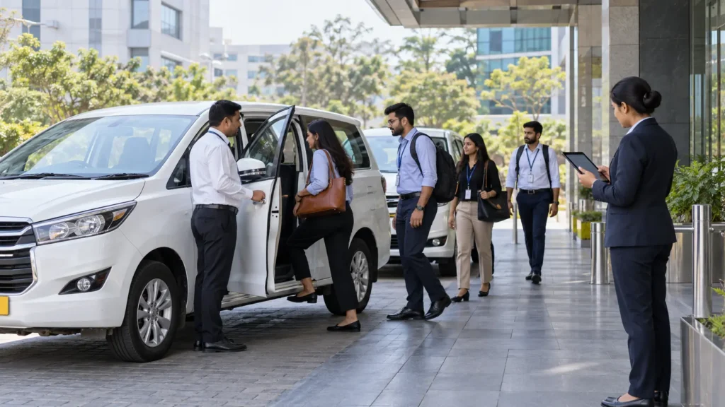 Corporate employees boarding a company transport vehicle while a transport coordinator manages employee transportation SOP operations.