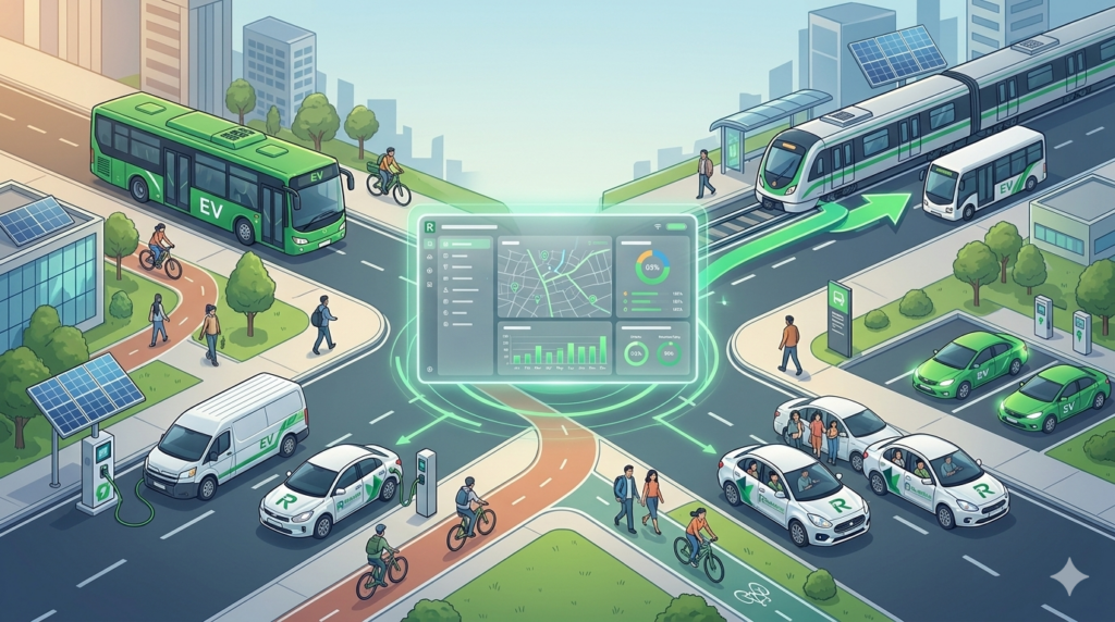 A clean and modern vector illustration showcasing a sustainable corporate mobility ecosystem in an Indian city, featuring green EV shuttle buses, a metro train line, active bicycle lanes, and a fleet of white RouteMatic corporate cabs charging at an electric vehicle station, all centered around a glowing green digital fleet management dashboard.