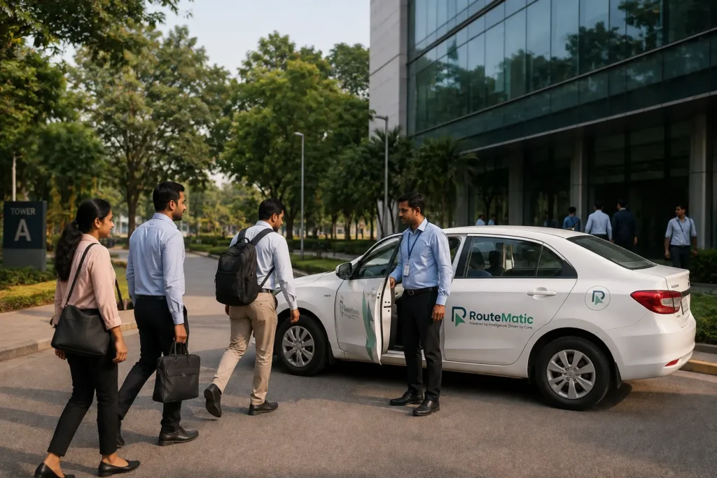 Employees using RouteMatic corporate transportation for a safe and sustainable office commute.